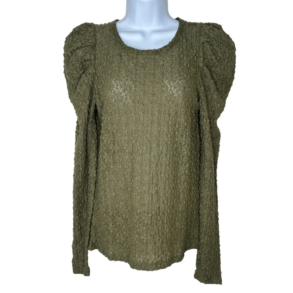 LOFT Top XS Olive Green Puff Shoulder Textured Lace Knit Feminine Romantic NWT